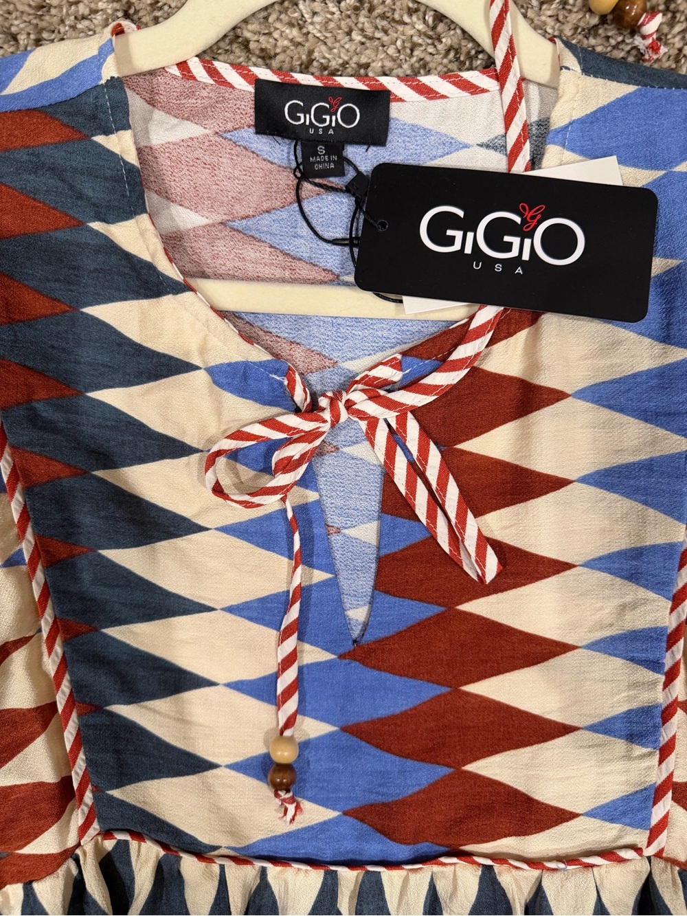 G&Co Diamond-Print Puff-Sleeve Midi Dress in Blue, Rust & Cream - Picture 2 of 7